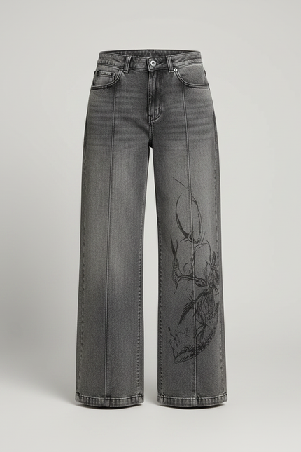Pantalon Gris Jean Ample Brodé Femme - vue 3