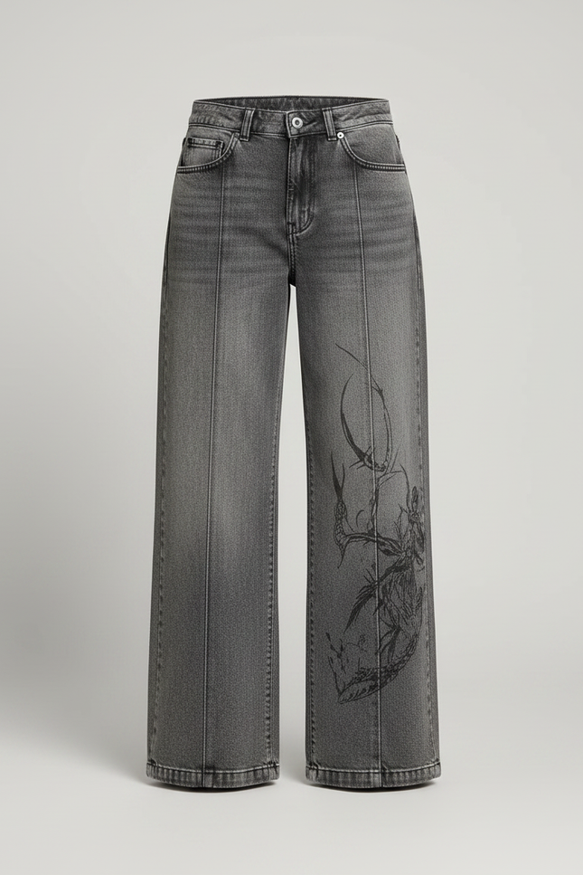 Pantalon Gris Jean Ample Brodé Femme - vue 3