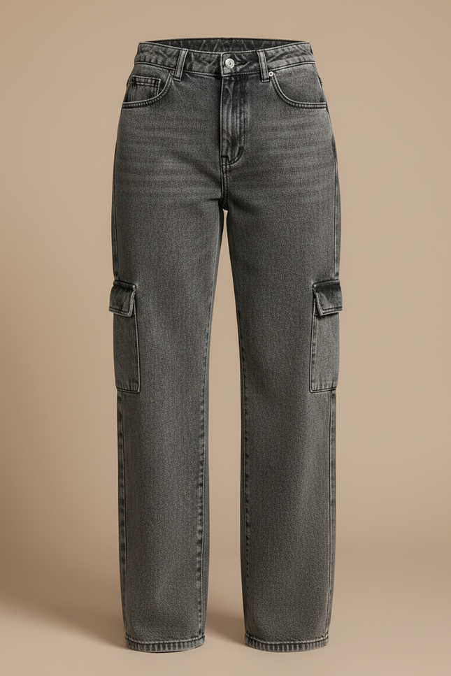 Pantalon Gris Cargo Taille Haute Ample Femme Y2K - Jean - vue 3