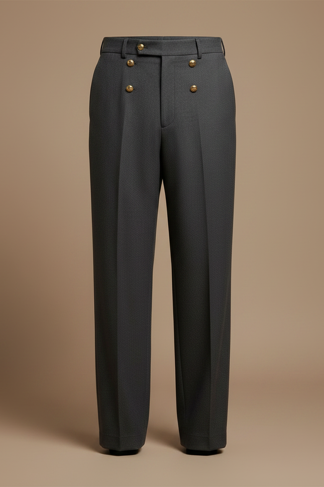 Pantalon Gris Ample Droit Élégant Boutons Dorés - Laine - vue 3