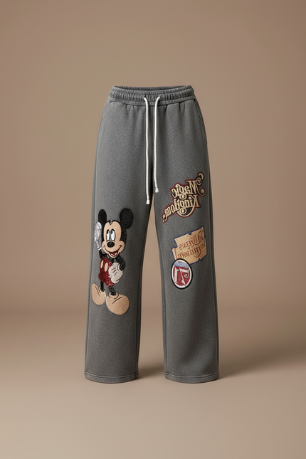 Pantalon Gris Ample Mickey Brodé Décontracté Femme - Molleton - vue 3