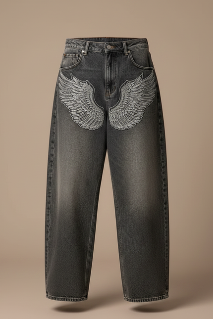 Pantalon Gris Ample Ailes Brodées Streetwear Femme - Jean - vue 3