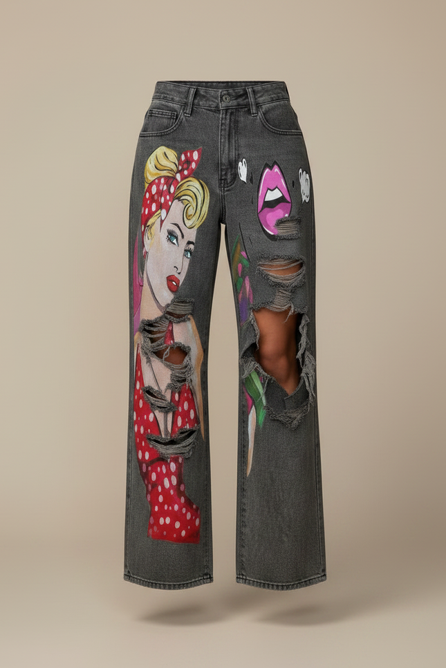 Pantalon Gris Jean Large Imprimé Déchiré Femme - vue 3
