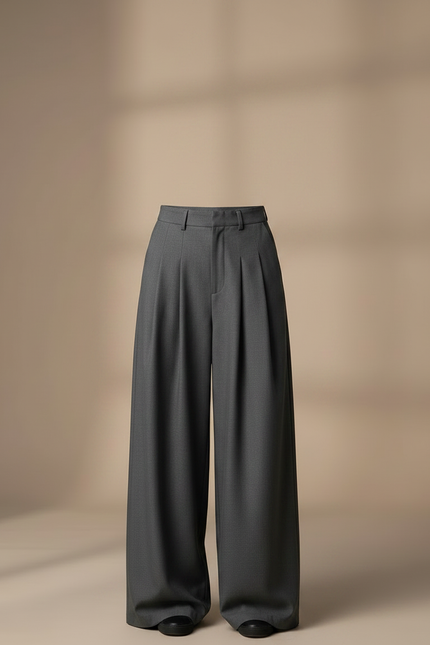 Pantalon Gris Ample Plissé Taille Haute Décontracté - Gabardine - vue 3