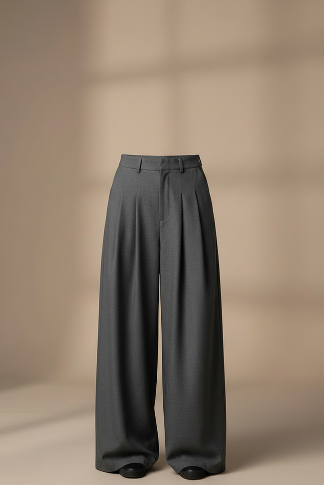 Pantalon Gris Ample Plissé Taille Haute Décontracté - Gabardine - vue 3