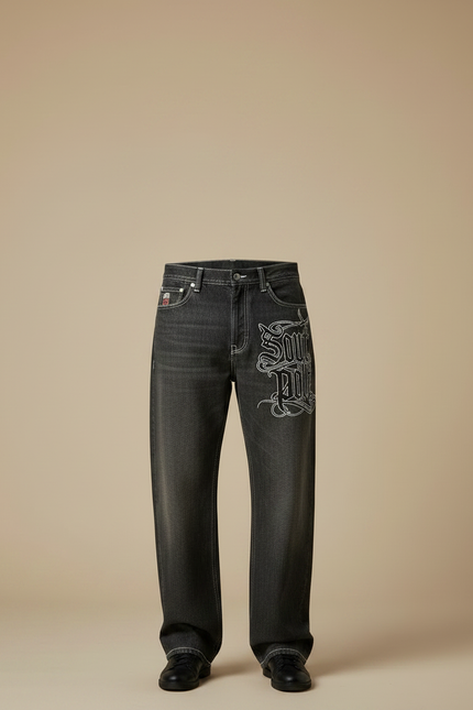 Pantalon Gris Ample Brodé Hip Hop Décontracté Homme - Jean - vue 3