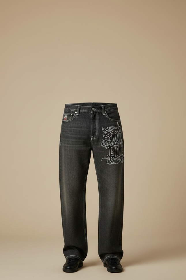 Pantalon Gris Ample Brodé Hip Hop Décontracté Homme - Jean - vue 3