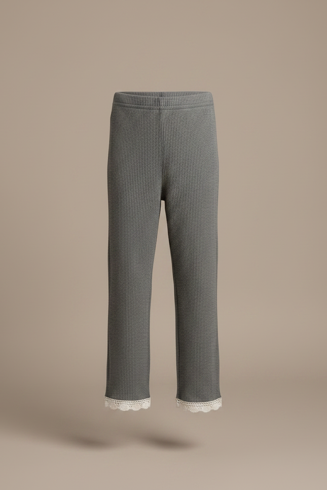 Pantalon Gris Côtelé Dentelle Enfant Fille Doux - Maille - vue 3