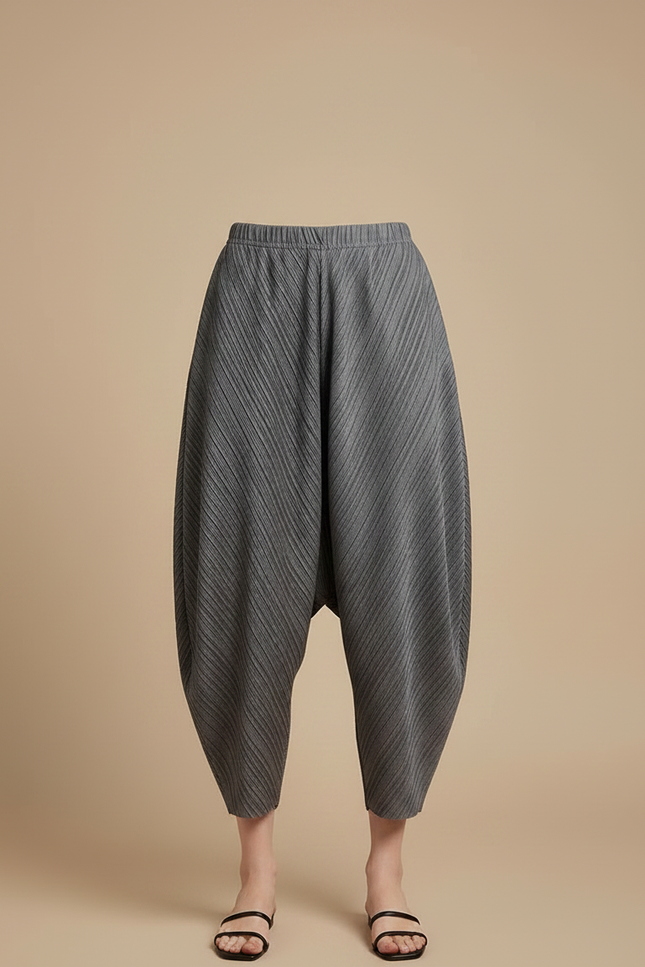 Pantalon Gris Plissé Ample Décontracté Fluide Femme - Polyester - vue 3