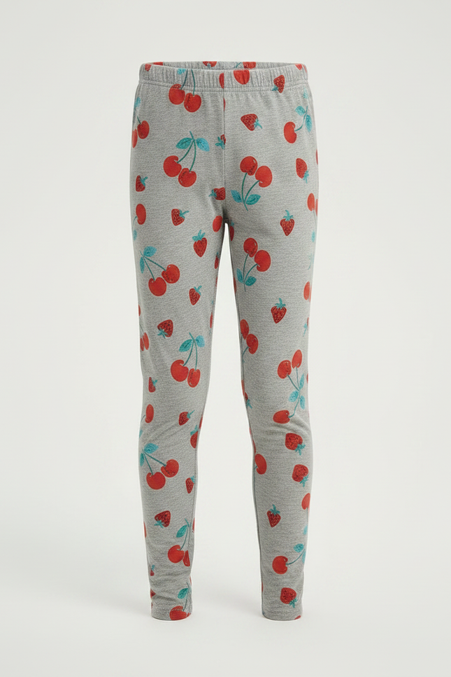 Pantalon Gris Fille Coton Extensible Imprimé Cerises - vue 3