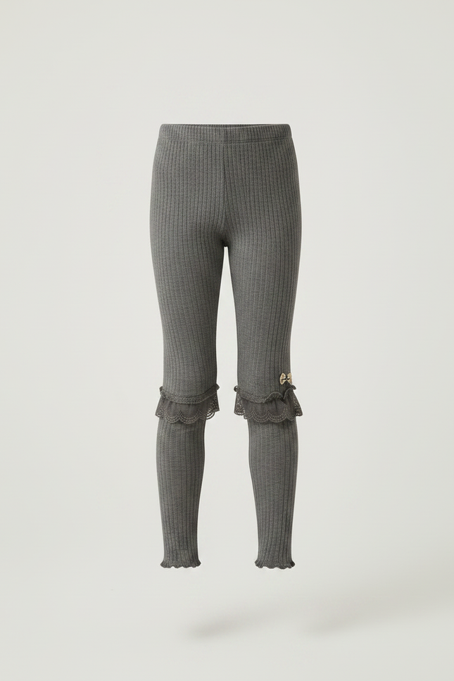 Pantalon Gris Côtelé Fille Dentelle Décoratif - Maille - vue 3