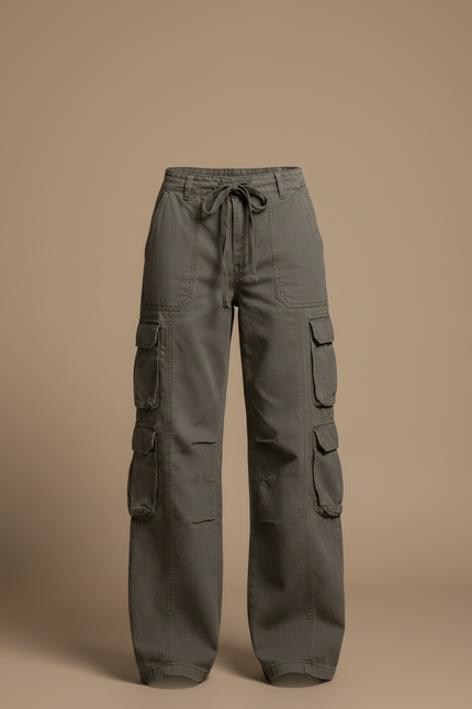 Pantalon Gris Cargo Ample Taille Basse Femme - Kaki Toile - vue 3