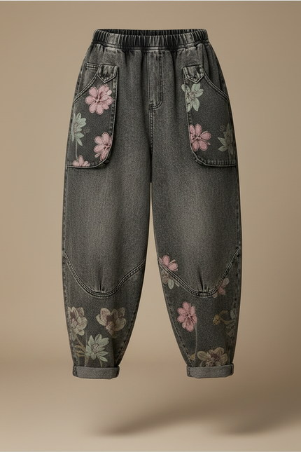 Pantalon Gris Jean Harem Imprimé Floral Décontracté - vue 3