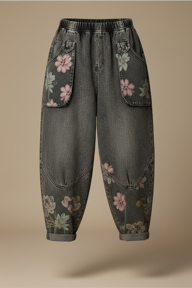 Pantalon Gris Jean Harem Imprimé Floral Décontracté - vue 3