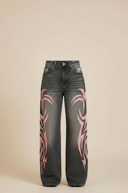 Pantalon Gris Baggy Imprimé Tribal Rose Y2K - Jean - vue 3