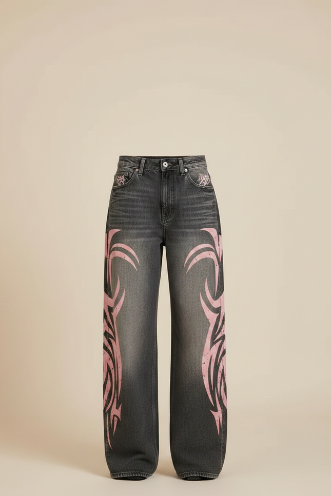 Pantalon Gris Baggy Imprimé Tribal Rose Y2K - Jean - vue 3