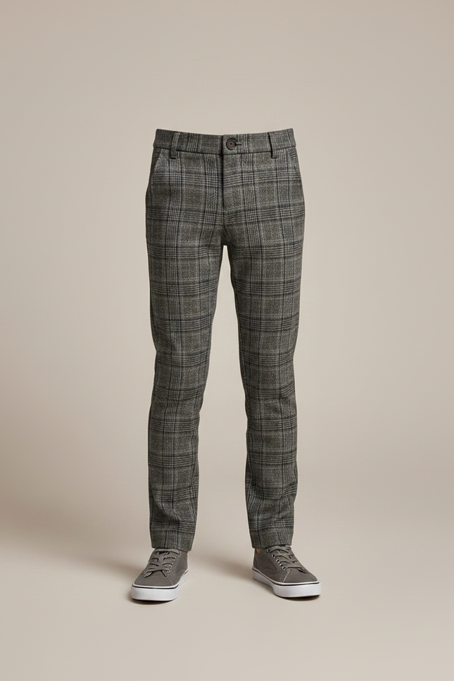 Pantalon Gris Plaid Garçon Coton Décontracté - Tweed - vue 3