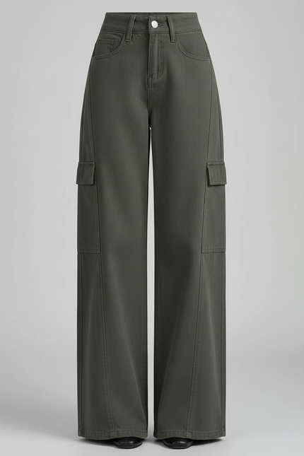 Pantalon Gris Cargo Ample Droit Taille Haute Femme - Kaki Gabardine - vue 3