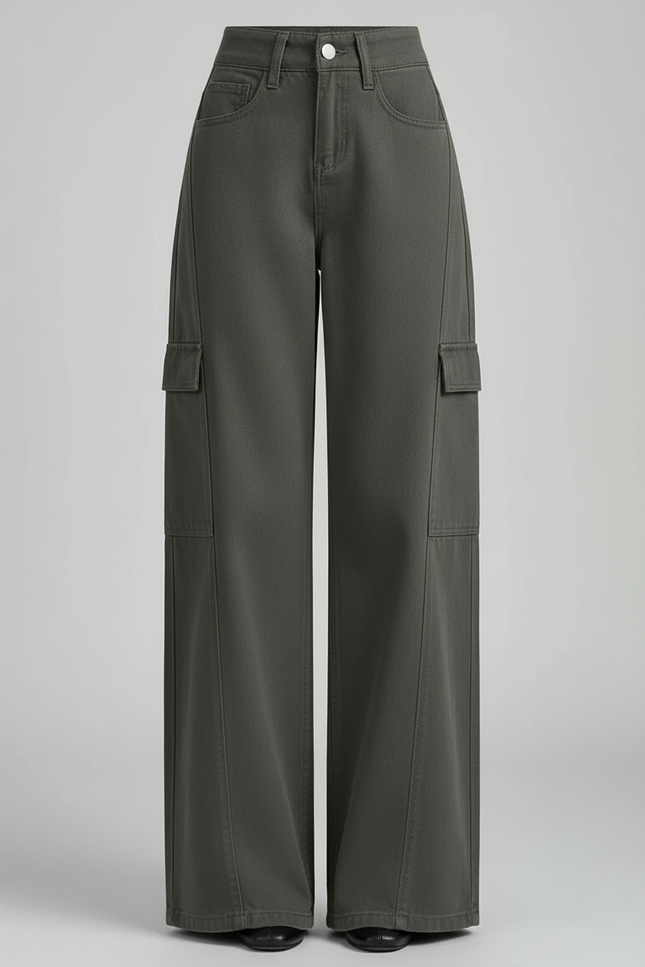 Pantalon Gris Cargo Ample Droit Taille Haute Femme - Kaki Gabardine - vue 3