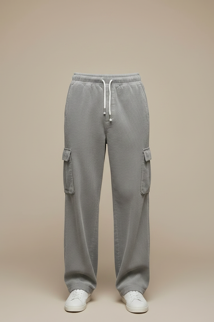 Pantalon Gris Côtelé Cargo Ample Décontracté Homme - Cordé - vue 3