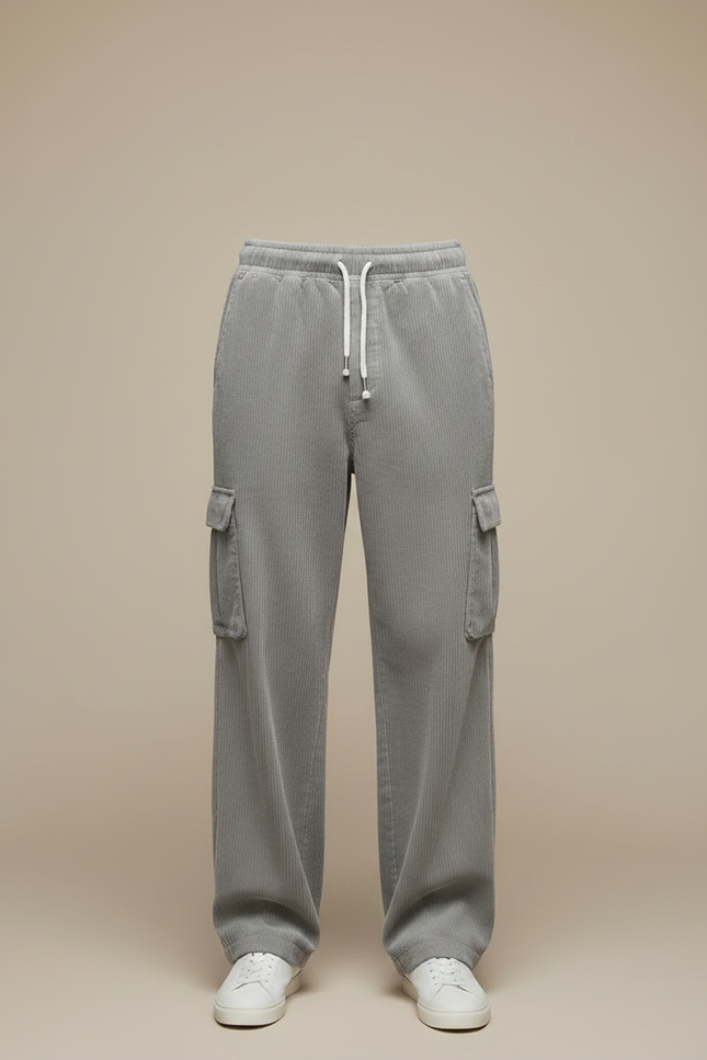 Pantalon Gris Côtelé Cargo Ample Décontracté Homme - Cordé - vue 3