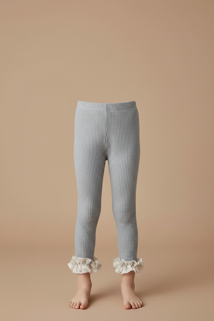 Pantalon Gris Côtelé Volant Fleuri Extensible Enfant - Maille - vue 3
