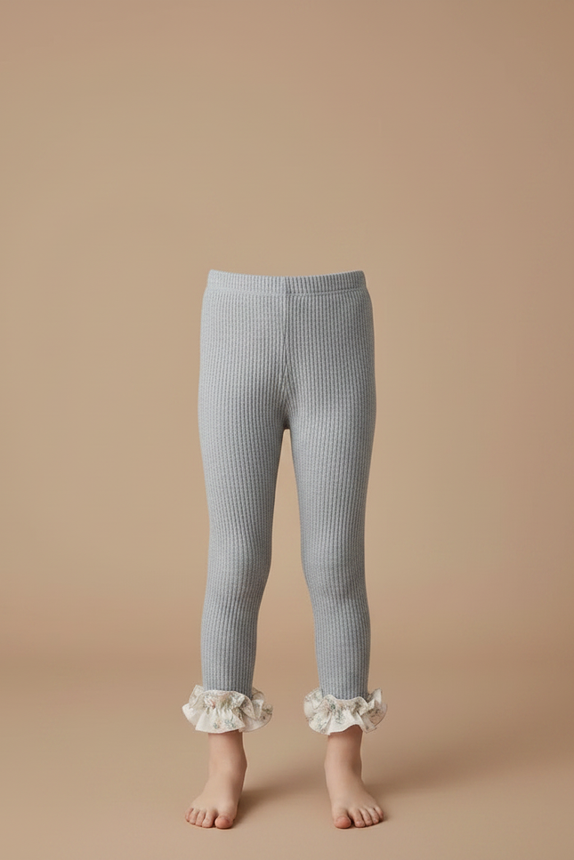 Pantalon Gris Côtelé Volant Fleuri Extensible Enfant - Maille - vue 3