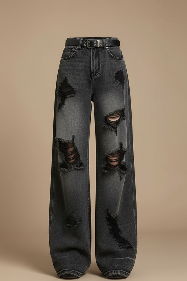 Pantalon Gris Large Délavé Détruit Femme - Jean - vue 3