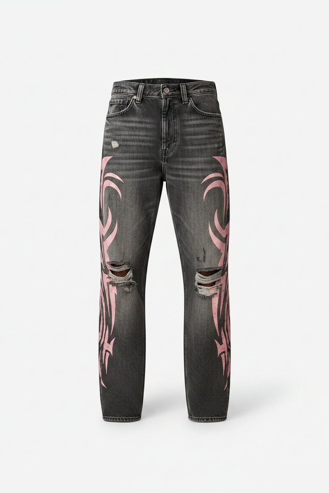 Pantalon Gris Large Imprimé Vintage Hip Hop Homme - Jean - vue 3