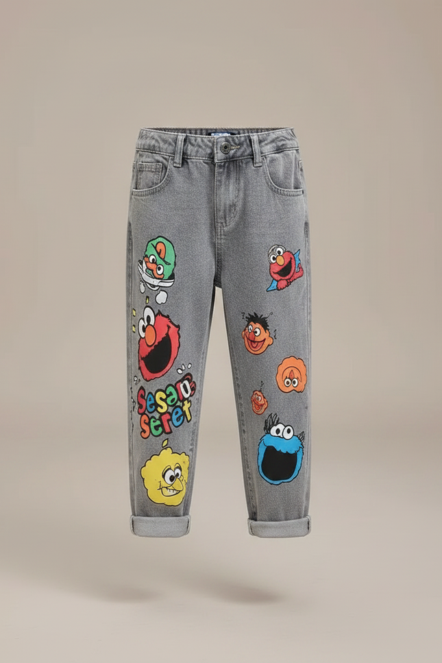 Pantalon Gris Jeans Imprimé Dessins Animés Décontracté - vue 3