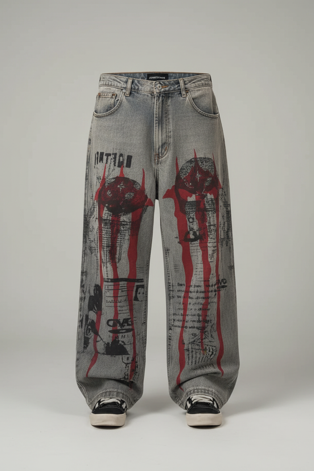 Pantalon Gris Denim Imprimé Graphique Gothique Ample - Jean - vue 2