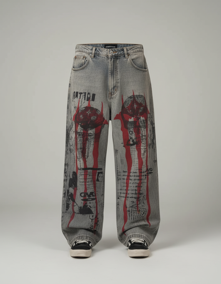 Pantalon Gris Denim Imprimé Graphique Gothique Ample - Jean - vue 2