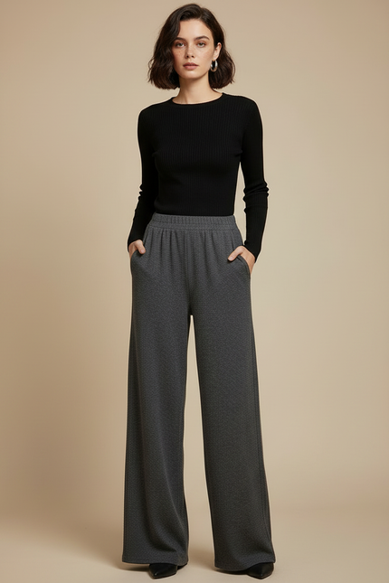 Pantalon Gris Ample Droit Tissu Drapé Confortable - Molleton - vue 3