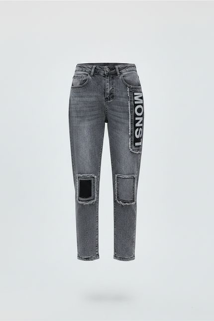 Pantalon Gris Jean Décontracté Patchwork Imprimé Femme - vue 3