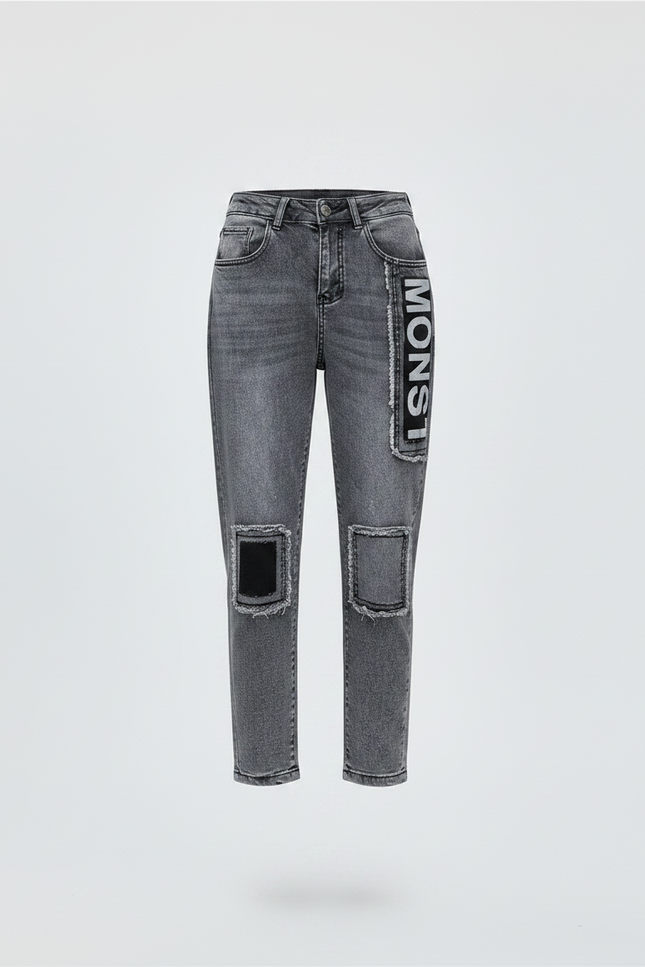 Pantalon Gris Jean Décontracté Patchwork Imprimé Femme - vue 3