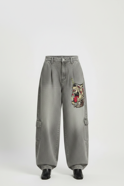 Pantalon Gris Cargo Ample Décontracté Brodé Femme - Jean - vue 3