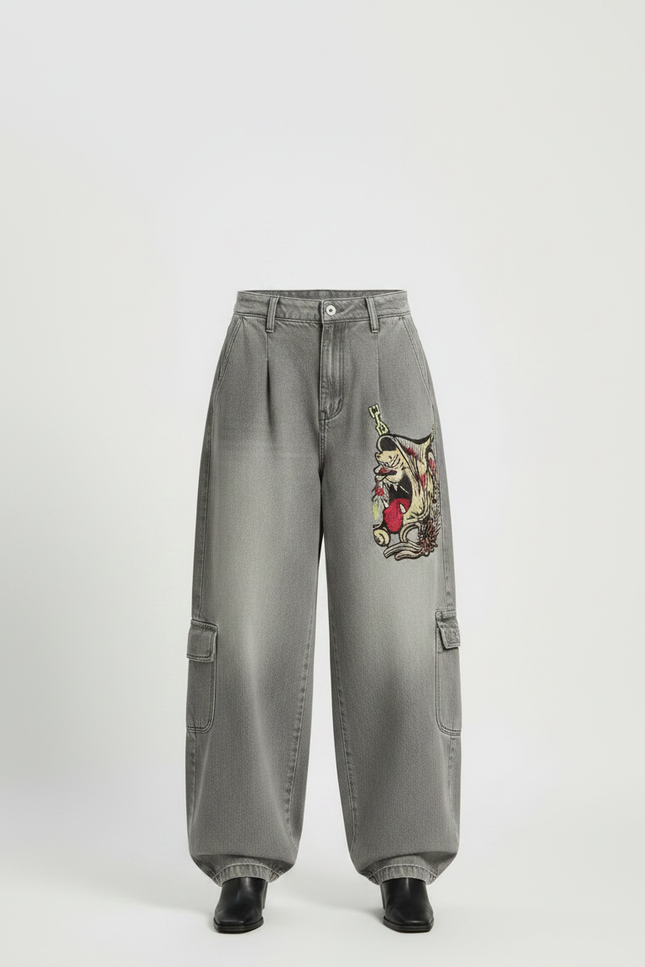 Pantalon Gris Cargo Ample Décontracté Brodé Femme - Jean - vue 3
