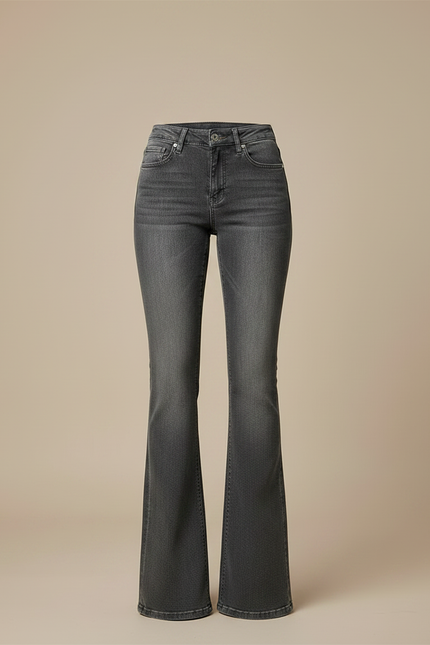 Pantalon Gris Évasé Taille Haute Délavé Femme - Jean - vue 3
