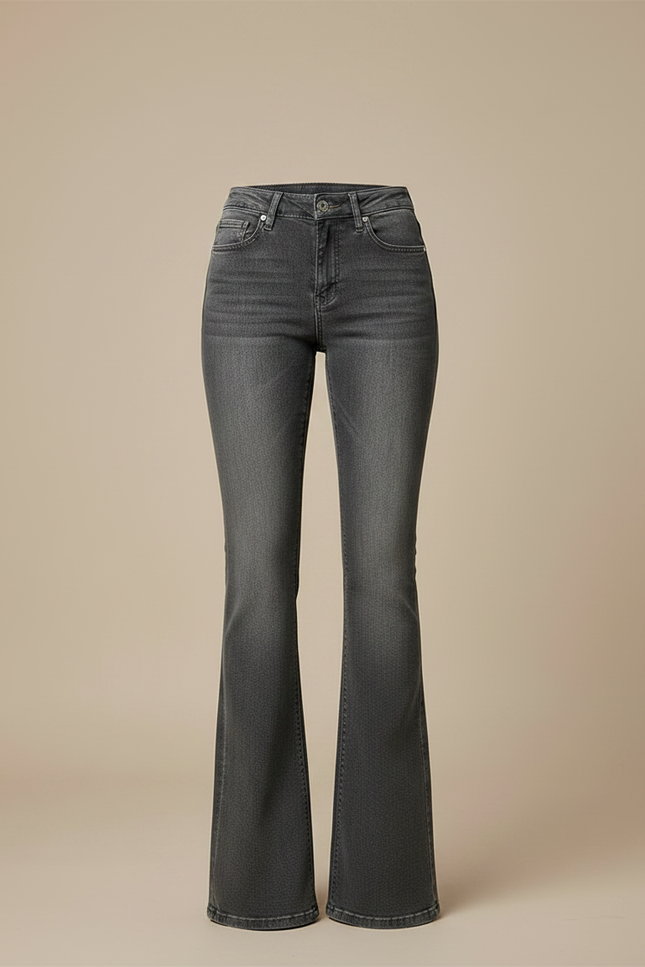 Pantalon Gris Évasé Taille Haute Délavé Femme - Jean - vue 3