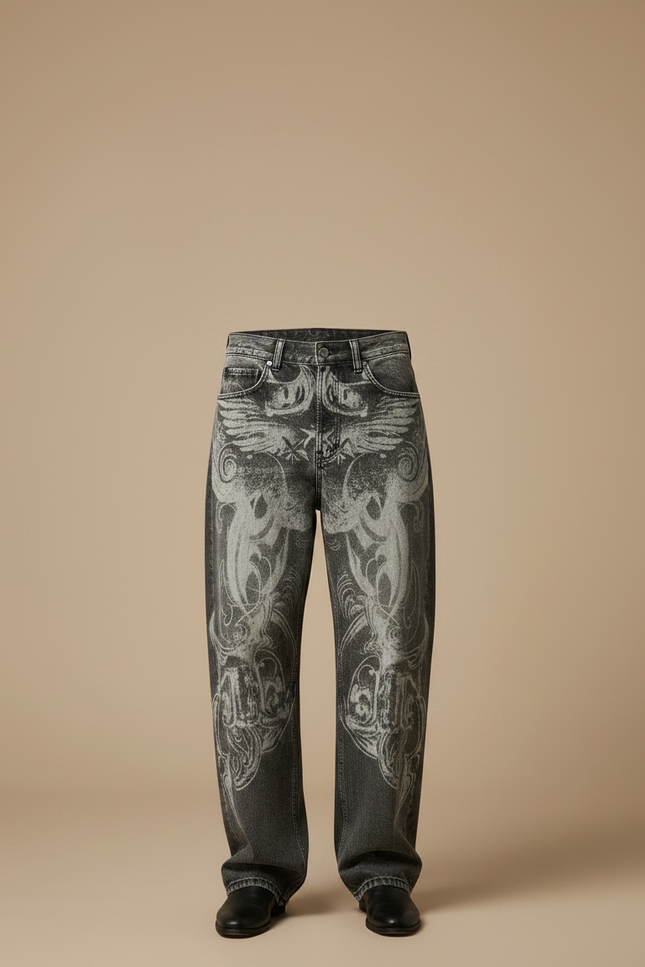 Pantalon Gris Imprimé Ample Vintage Hip Hop Homme - Jean - vue 3