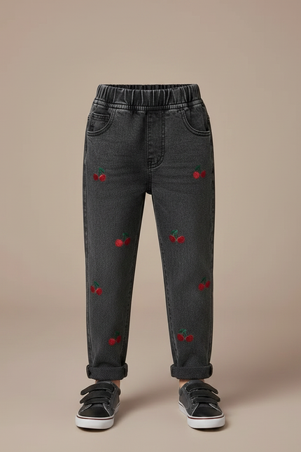 Pantalon Gris Denim Brodé Cerises Enfant Confortable - Jean - vue 3