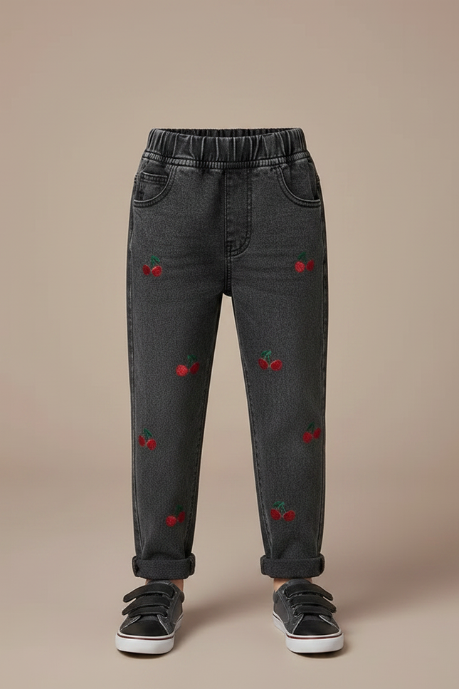Pantalon Gris Denim Brodé Cerises Enfant Confortable - Jean - vue 3