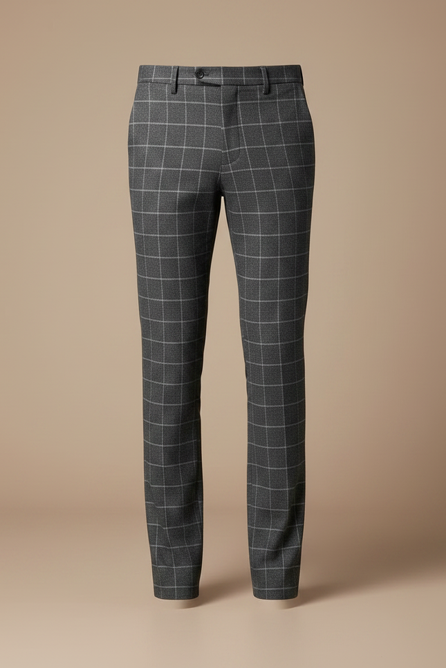 Pantalon Gris À Carreaux Élégant Slim Homme - Laine - vue 3