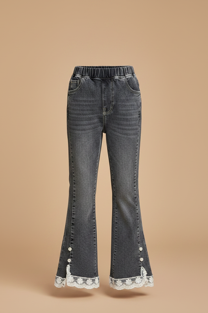 Pantalon Gris Évasé Dentelle Perles Fille - Jean - vue 3