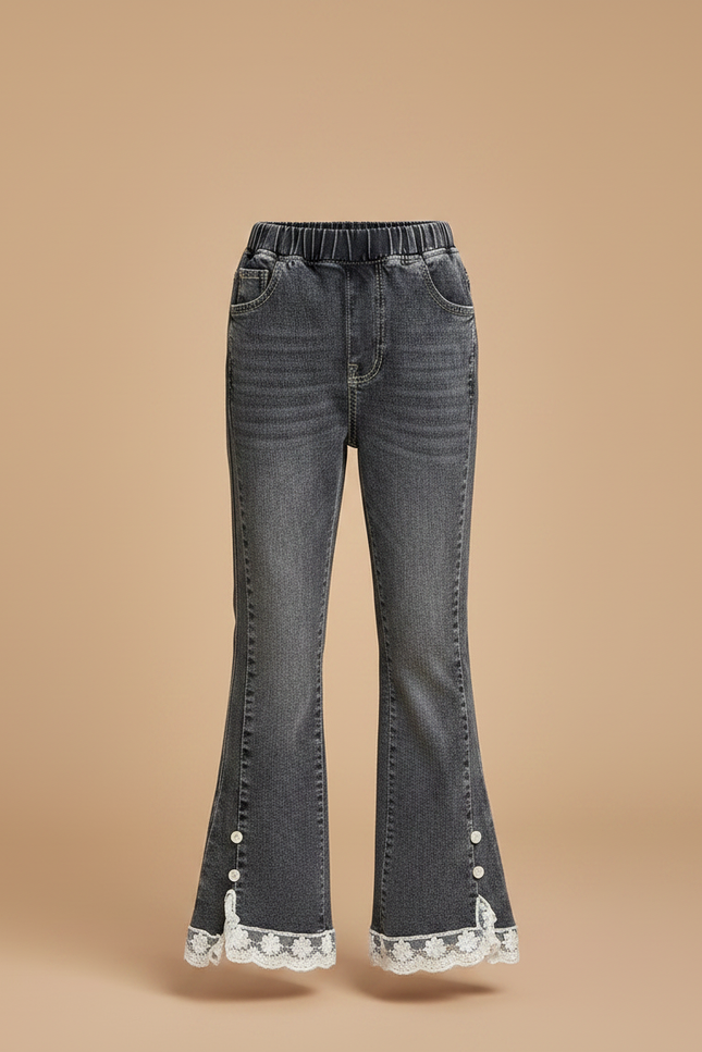 Pantalon Gris Évasé Dentelle Perles Fille - Jean - vue 3