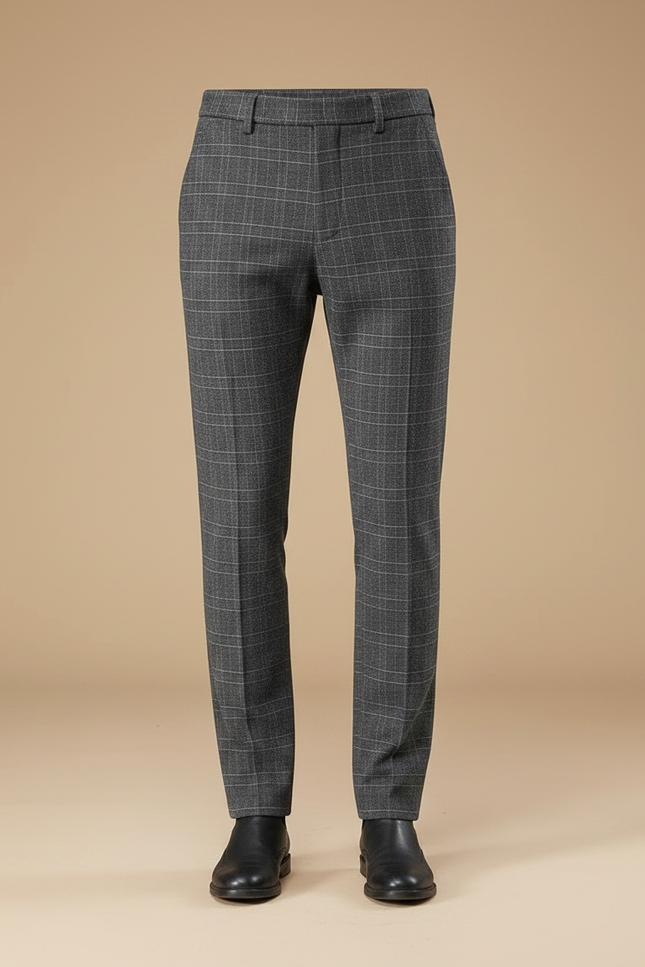 Pantalon Gris À Carreaux Droit Élégant Homme - Laine - vue 3