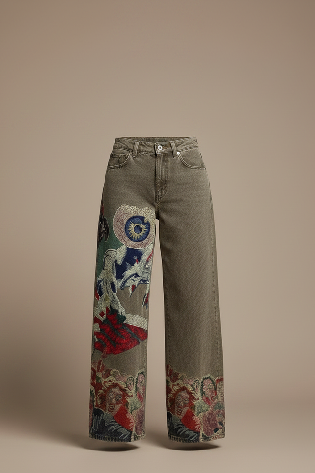 Pantalon Gris Brodé Ample Décontracté Original - Kaki Jean - vue 3