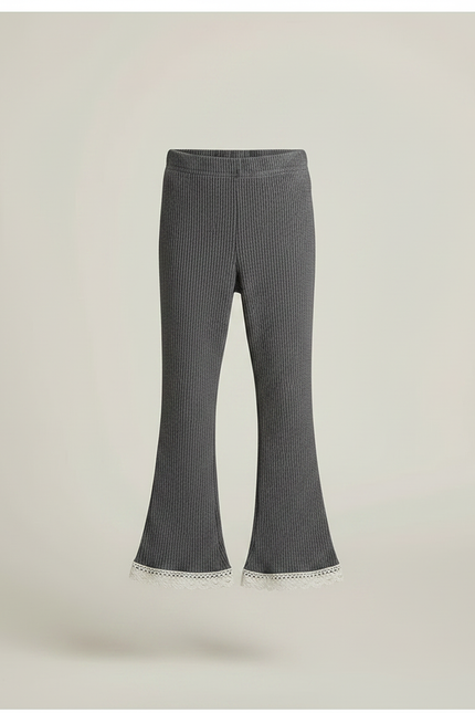 Pantalon Gris Côtelé Évasé Dentelle Fille Confortable - Maille - vue 3