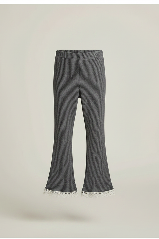 Pantalon Gris Côtelé Évasé Dentelle Fille Confortable - Maille - vue 3