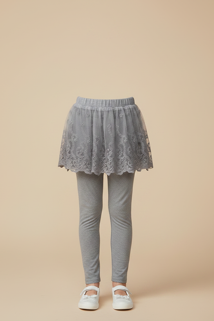 Pantalon Gris Legging Jupe Tulle Dentelle Fille - Maille - vue 3